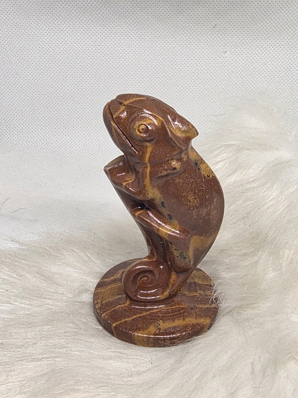 Carved Stone Frog Figurine in Rich Brown and Gold Tones